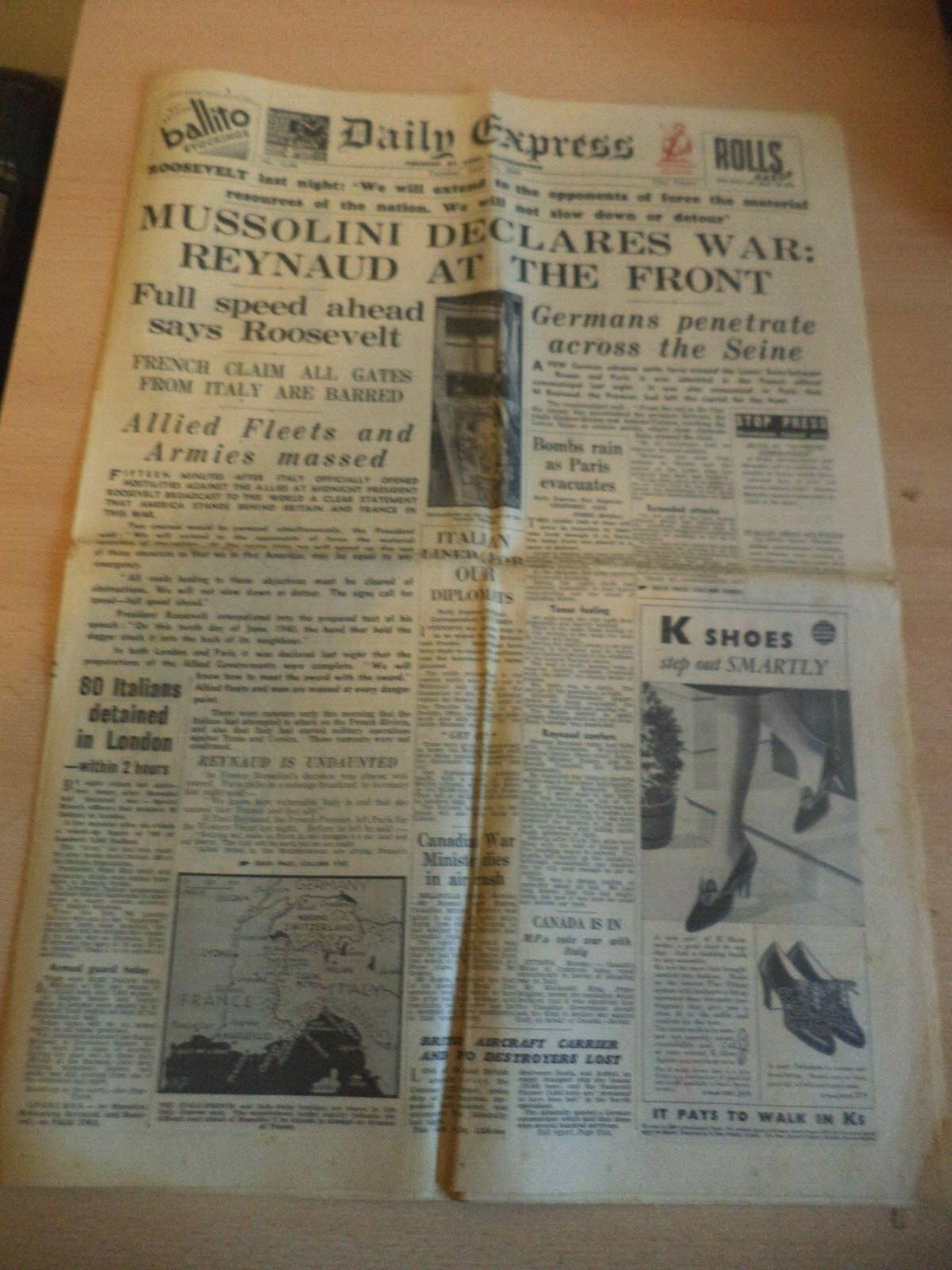 OLD VINTAGE orig NEWSPAPER 1940S 11 july 1940 express WW2 MUSSOLINI ITALY PARIS