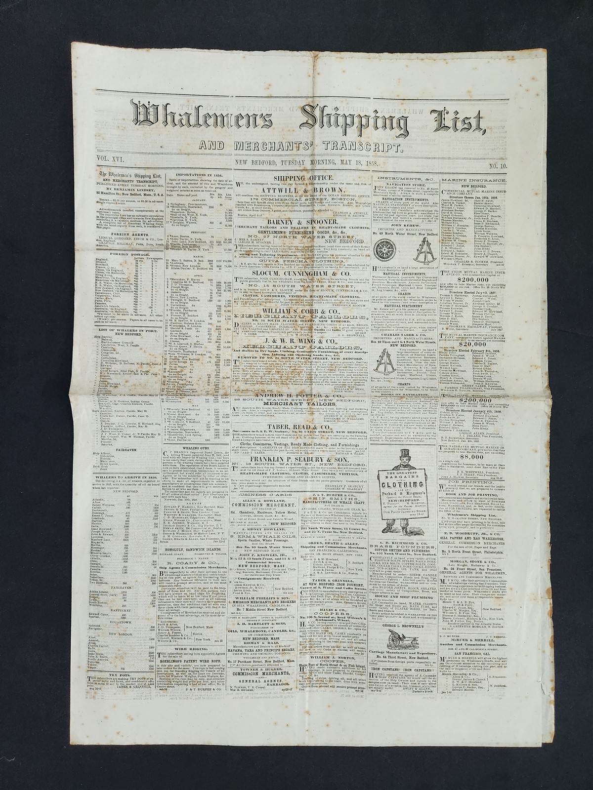 1858 antique WHALEMEN’S SHIPPING LIST NEWSPAPER new bedford ma May18 sperm whale
