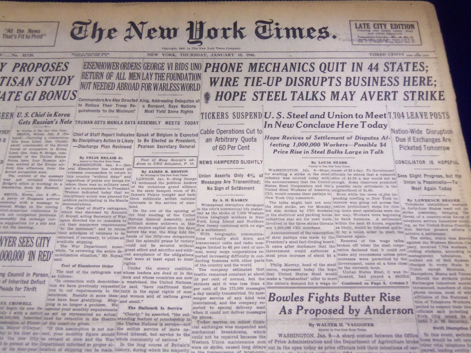1946 JANUARY 10 NEW YORK TIMES – PHONE MECHANICS QUIT IN 44 STATES – NT 3468