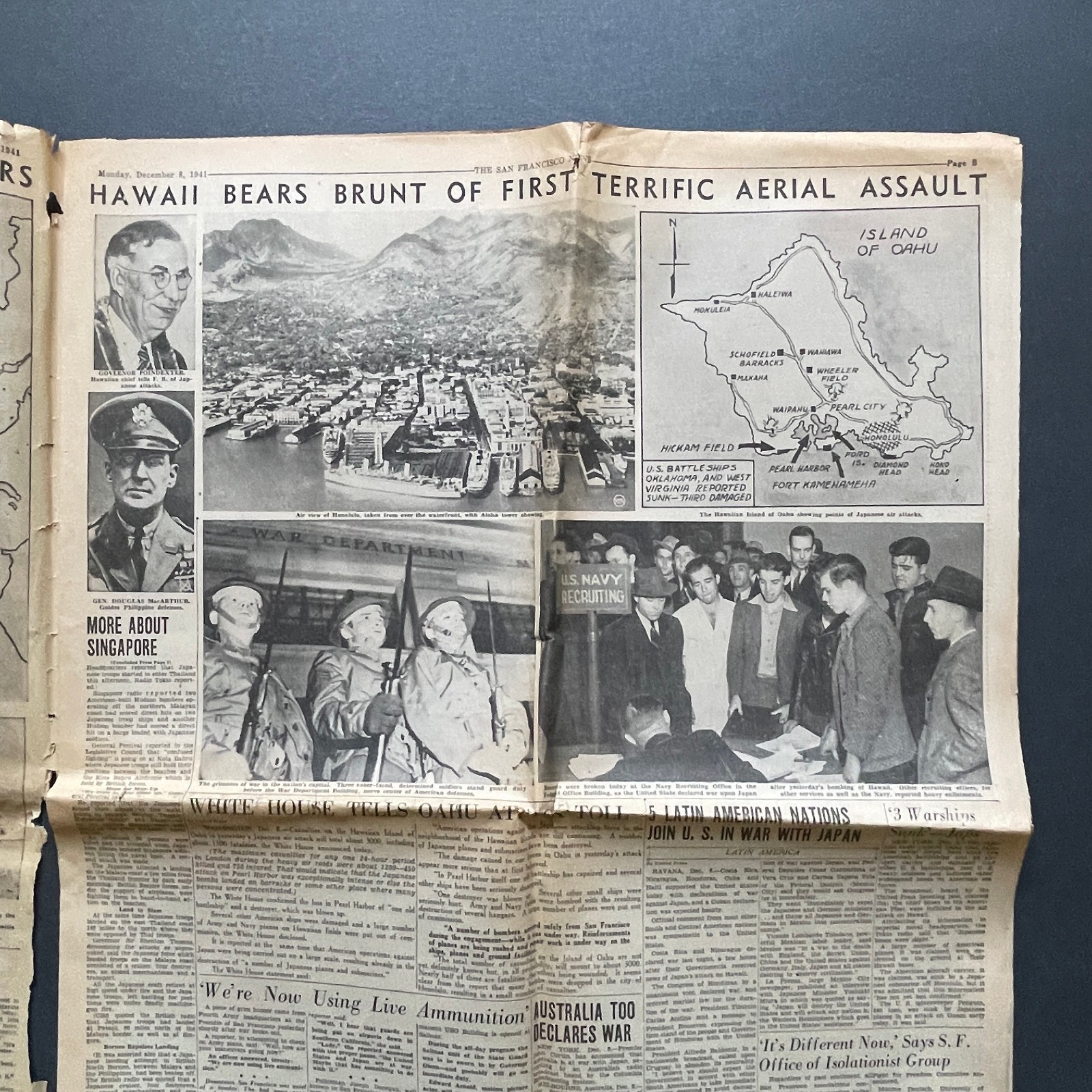 ORIGINAL Dec 8 1941 San Francisco News Newspaper • Japan Attacks Pearl Harbor