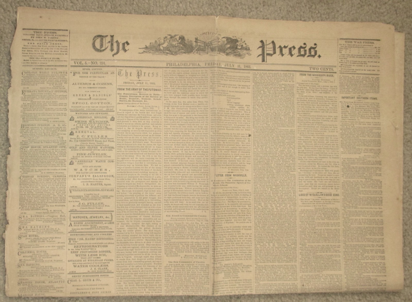 Antique 1862 “THE PRESS” PHILADELPHIA NEWSPAPER