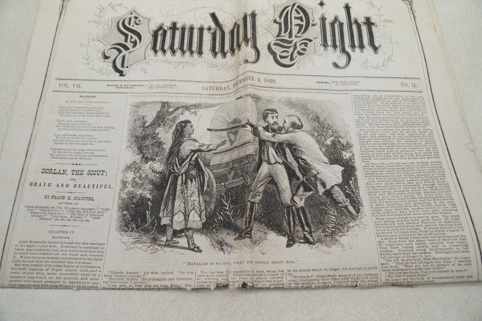 Saturday Night Antique Newspaper 1869 Davis Elverson Philadelphia Original Print