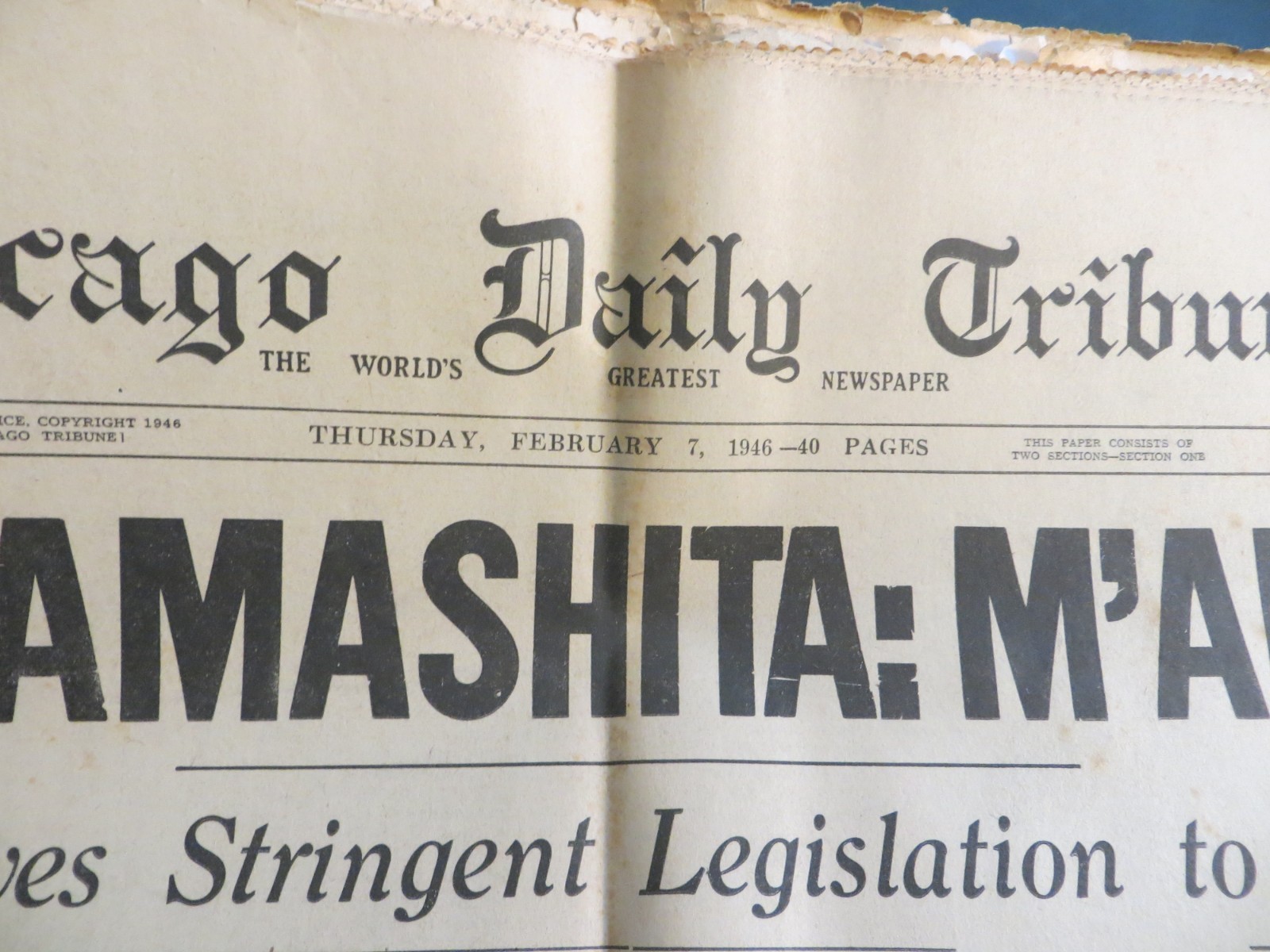 CHICAGO DAILY TRIBUNE FEB 1946 NEWSPAPER HANG YAMASHITA MCARTHUR