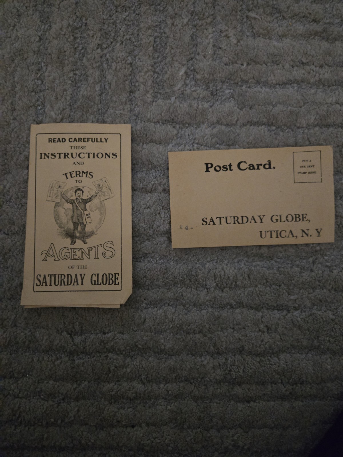 Vintage 1900s Utica New York Saturday Globe Agents Terms And Post Card