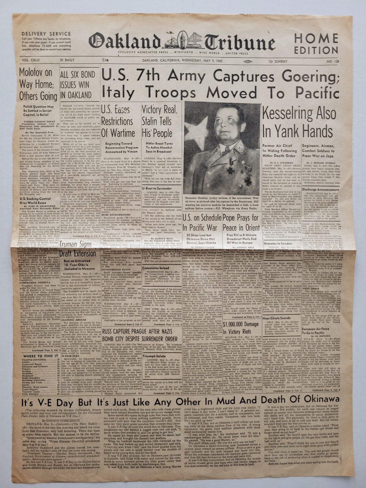 1949 May 9: World War II U.S. 7th ARMY CAPTURES GERMAN GOERING – Oakland Tribune