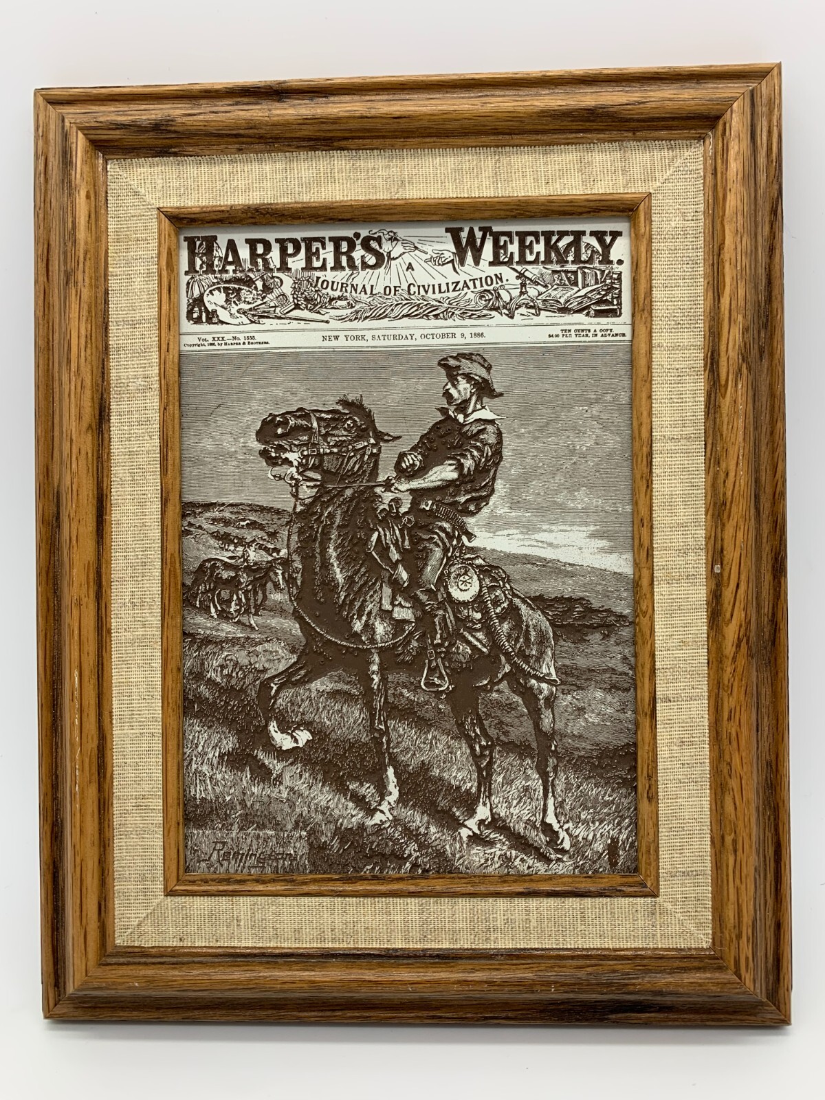 RARE OOAK Harper’s Weekly Incised Plaque Oct 9, 1886 Remington Print Wood Framed
