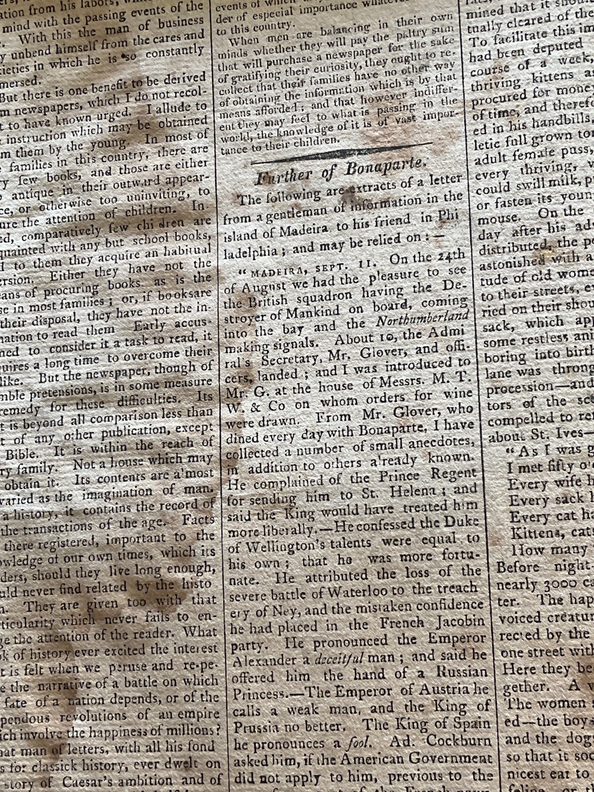NAPOLEON AT ST HELENA ISLAND NEWSPAPER COMPLETE NORTH HAMPTON MASS 1815 PUBLICL