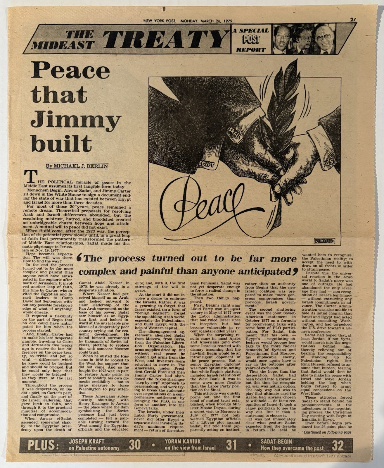 MARCH 26, 1979 NEW YORK POST EGYPT ISRAEL PEACE TREATY SPECIAL SECTION
