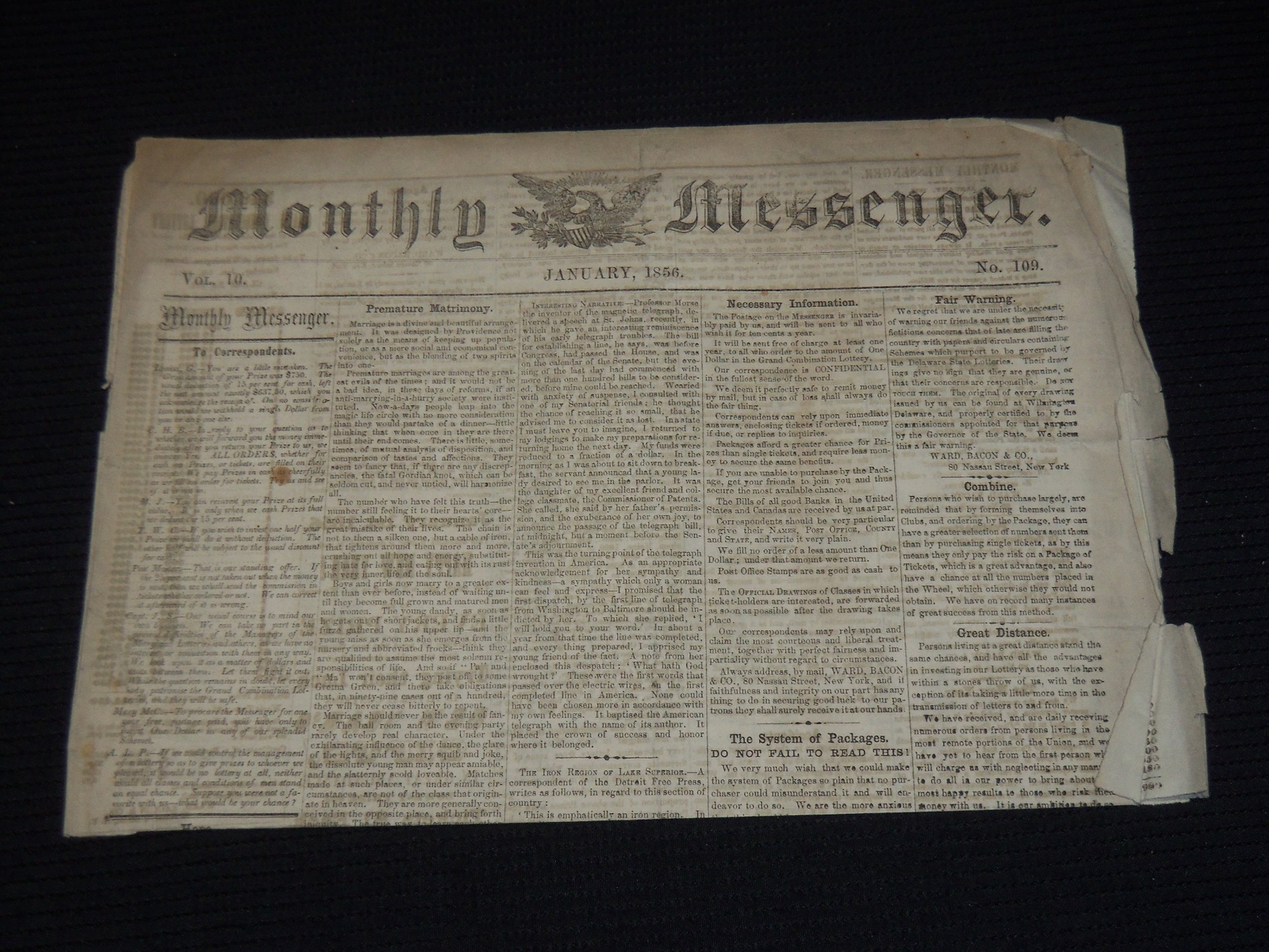 1856 JAN MONTHLY MESSENGER NEWSPAPER – SAMUEL MORSE – LOTTERY PRIZES – NP 3879R