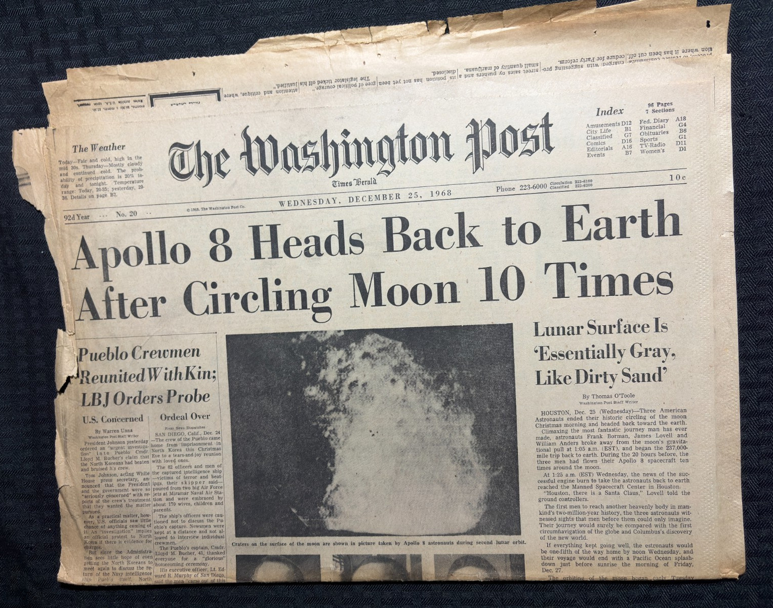 1968 Dec 25 WASHINGTON POST Newspaper GD+ 2.5 Apollo 8 Circles Moon 10x 4pgs