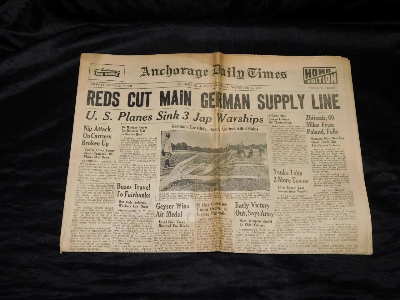 Nov 13 1943 Anchorage Alaska WW2 Newspaper Alcan Troop Buses Nazi Glider Bombs