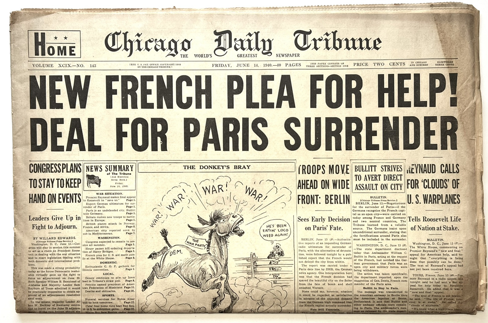 VTG 1940 WW2 Chicago Tribune ‘FRENCH PLEA FOR HELP’ Newspaper June 14 1940 16pgs
