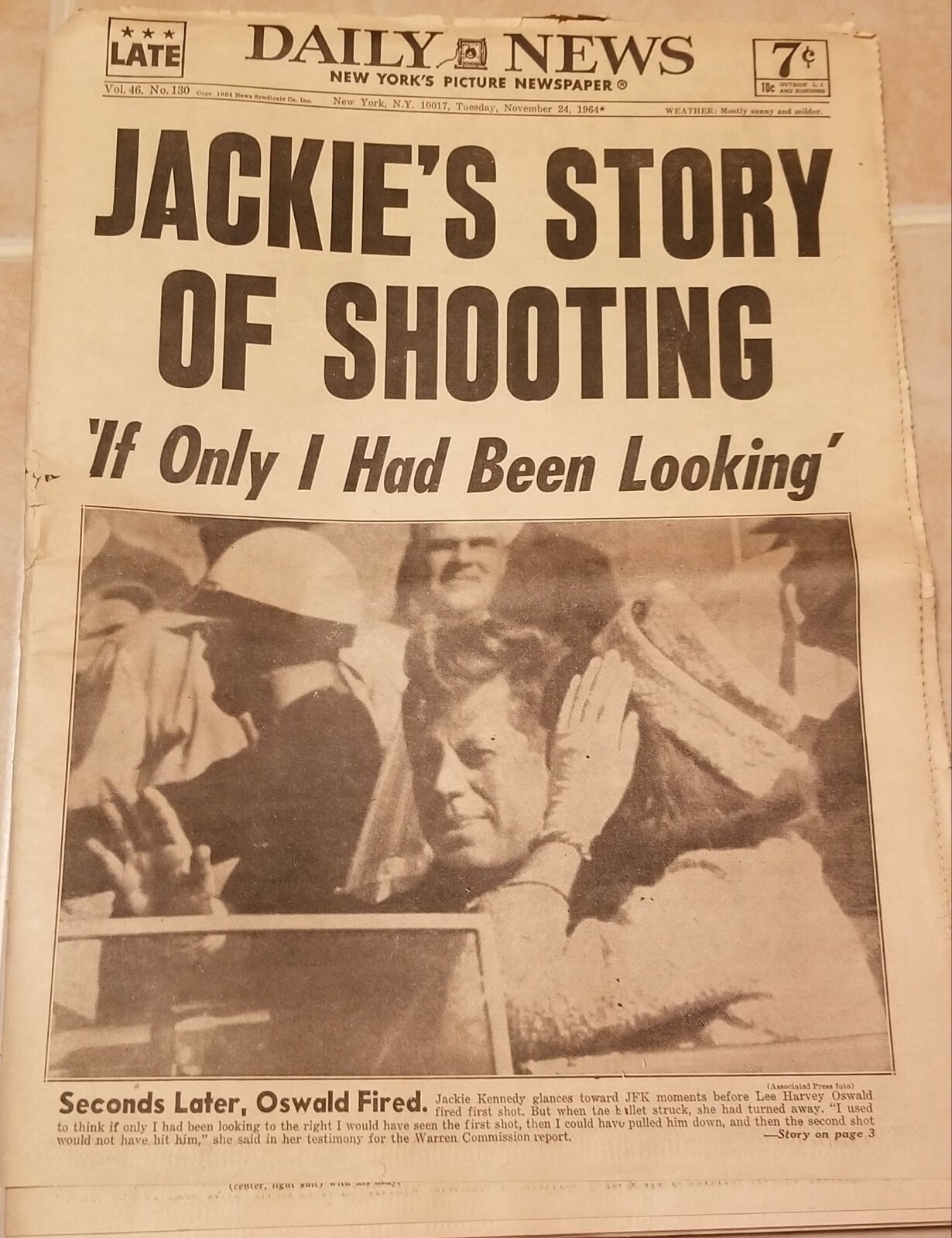 Vintage Jackie’s Story of Shooting New York Daily News November 24 1964
