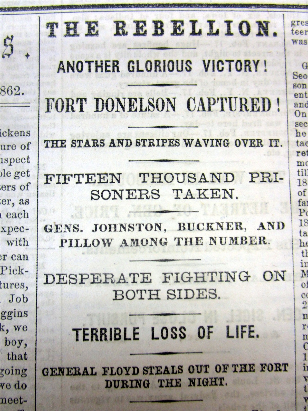 1862 Civil War newspaper US GRANT led UNION ARMY CAPTURES FT DONELSON Tennessee