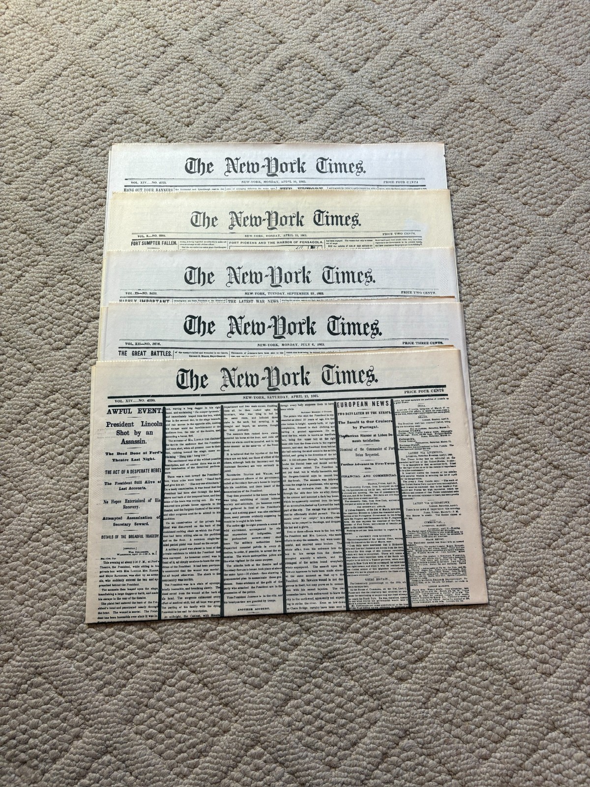 Five Civil War Issues of New York Times Collector’s Edition (Facsimile Papers)