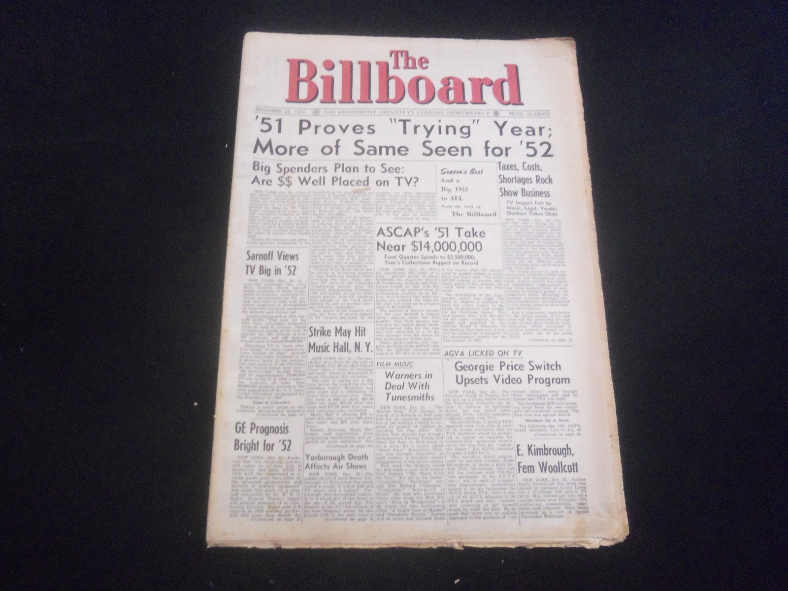 1951 DECEMBER 29 THE BILLBOARD NEWSPAPER – ARTICLES, PHOTOS & ADS – NP 5721