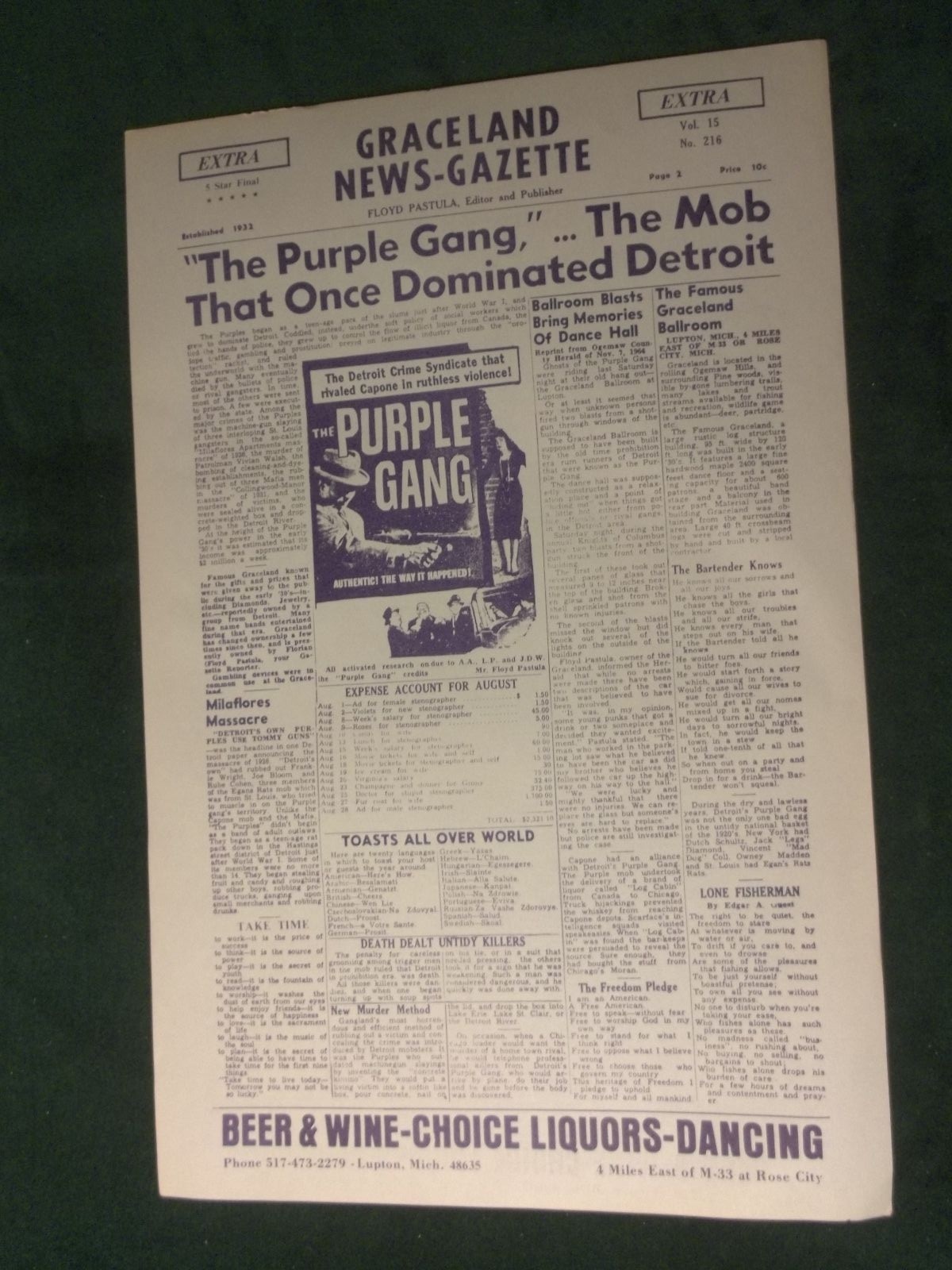 “Purple Gang” Graceland News Gazette flyer- Lupton, Michigan