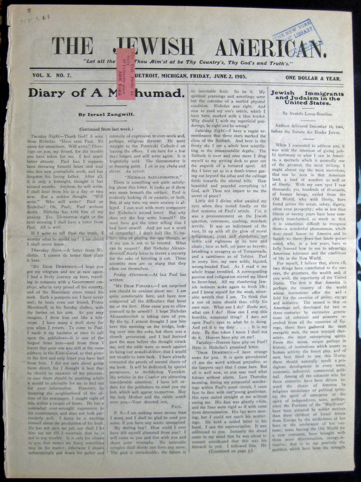 Rare 1905 The Jewish American Detroit Judaica Newspaper “Diary of a Meshumad”
