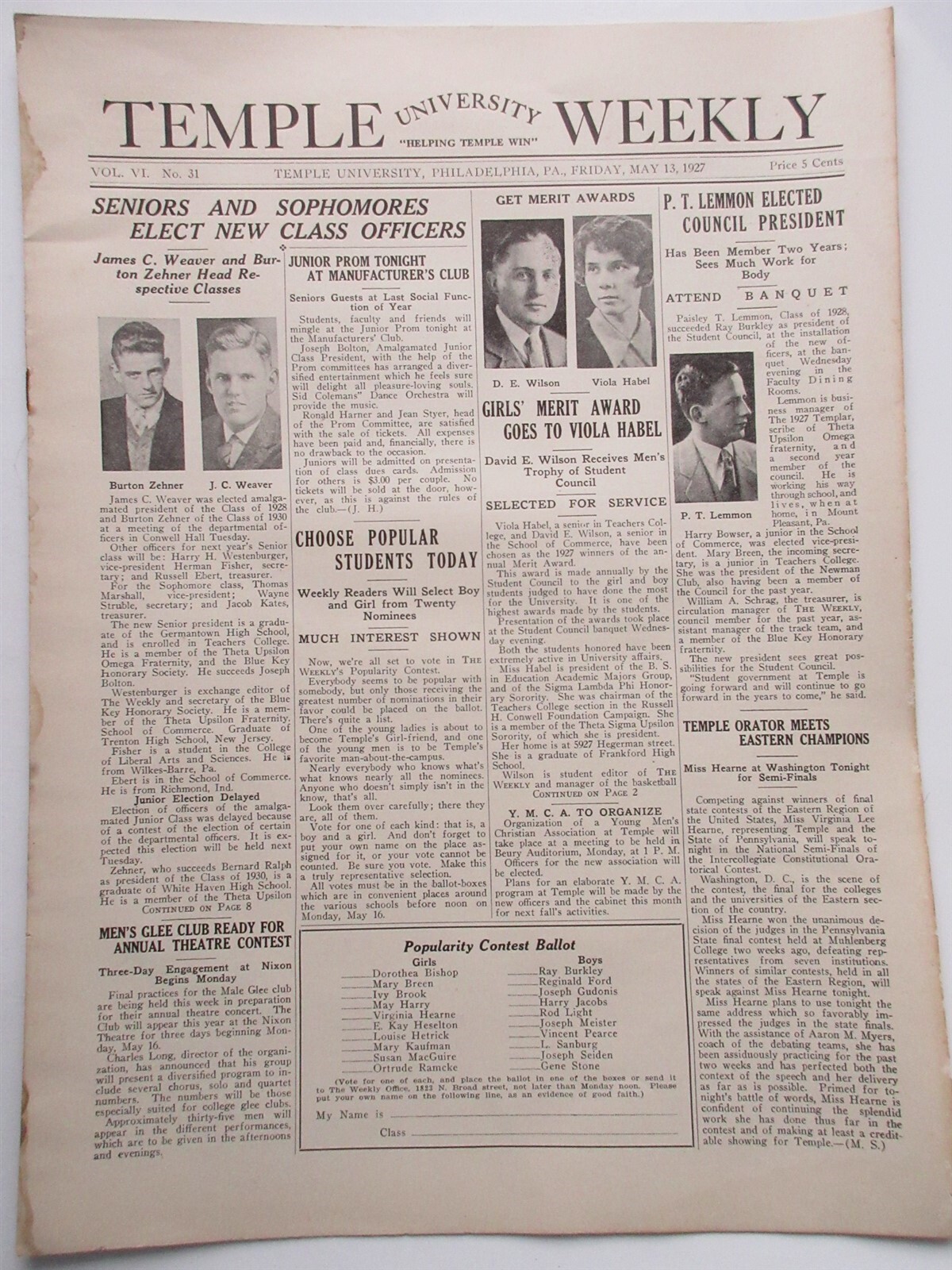 Temple University Weekly newspaper May 13, 1927 track baseball