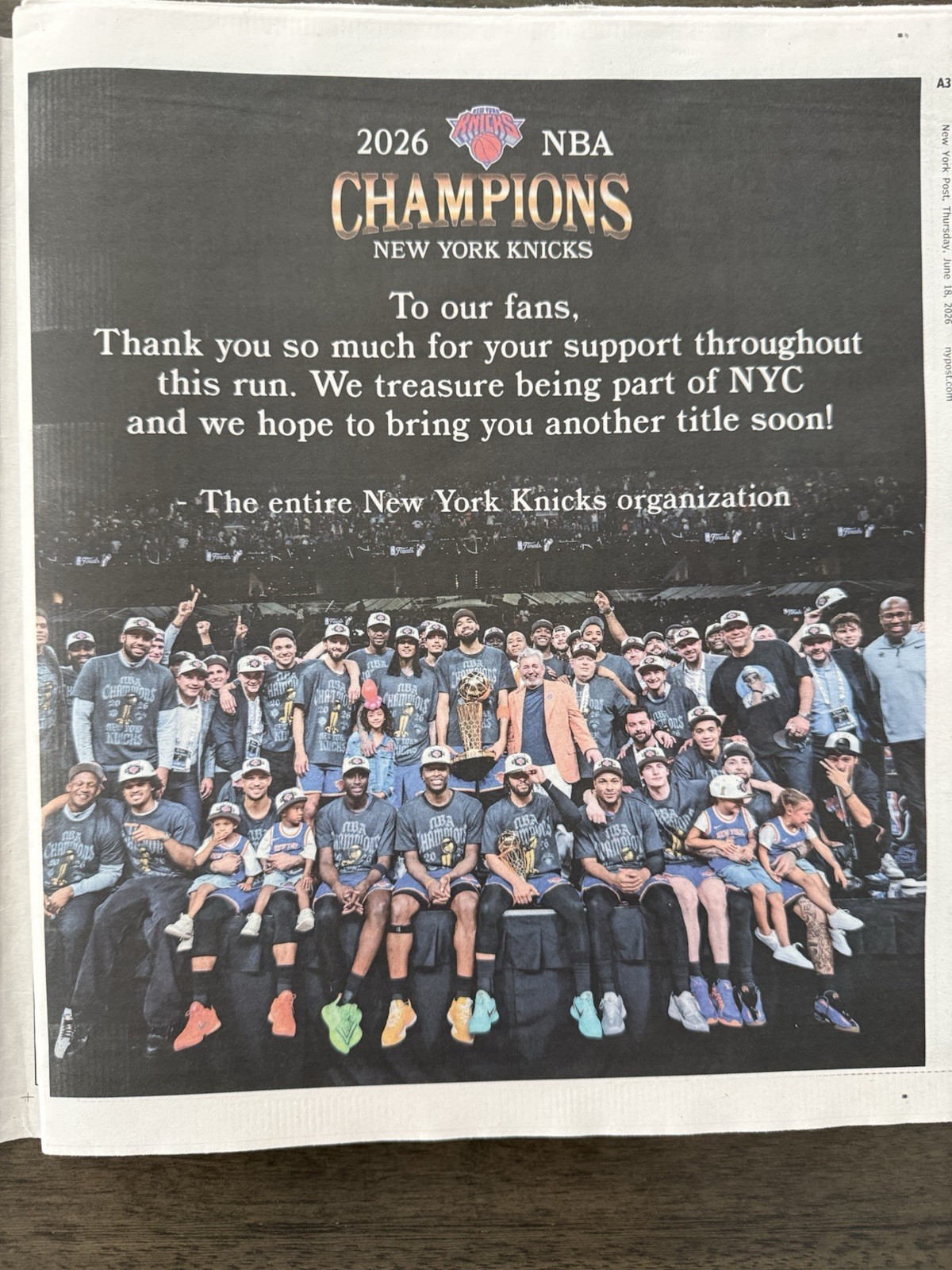 NEW YORK POST JUNE 18 2026 KNICKS KINGS OF THE CITY NEWSPAPER CHAMPIONS.