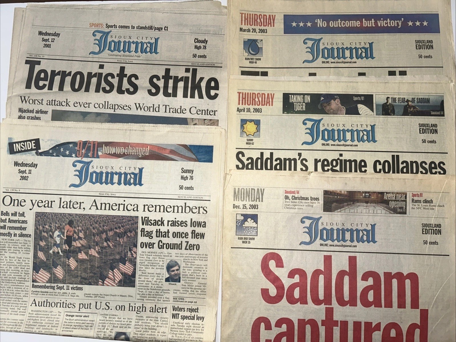 Lot Of 5 Sioux City Journal 9/11 Attack Related Newspaper Issues Saddam Captured