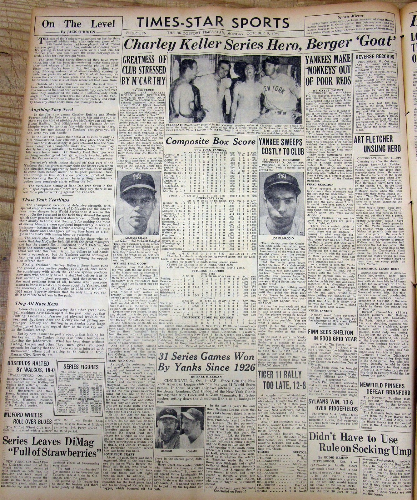 4 1939 newspapers NEW YORK YANKEES WIN BASEBALL WORLD SERIES vs CINCINNATI REDS