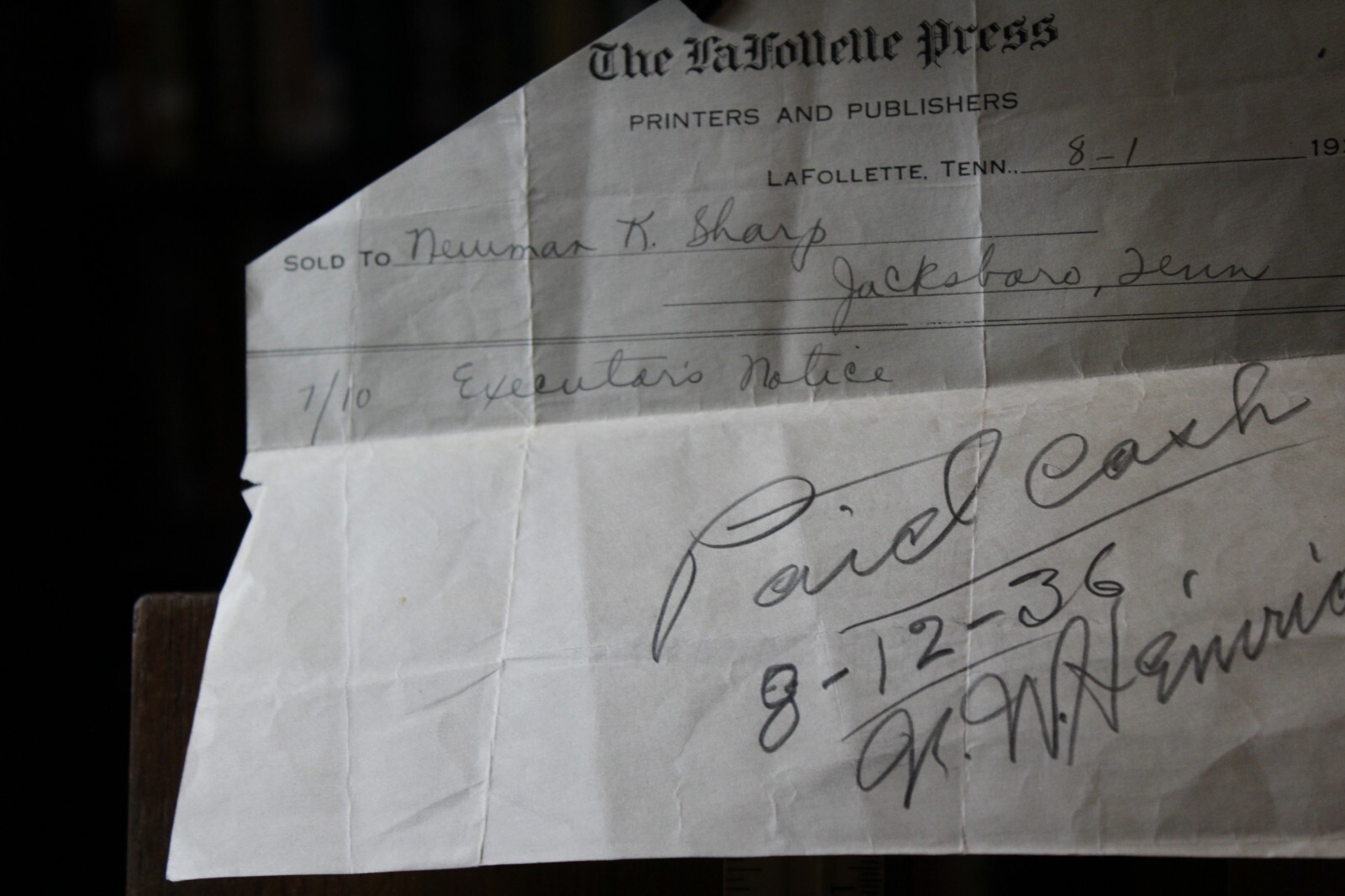 1936 Receipt The LaFollette Press Tennessee