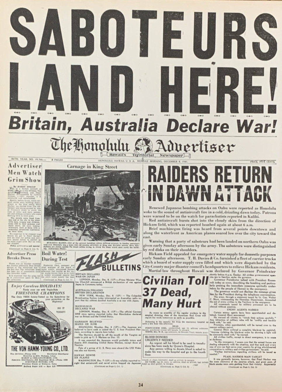 Honolulu Advertiser Saboteurs Land Here! Newspaper Front Page Headline 1941 #24