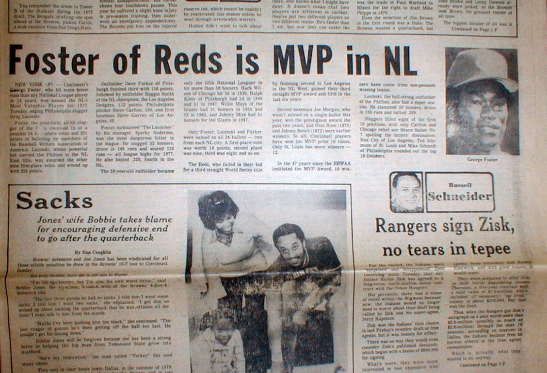 1977 newspaper Cincinnati Reds GEORGE FOSTER named NL Most Valuable Baseball Pla