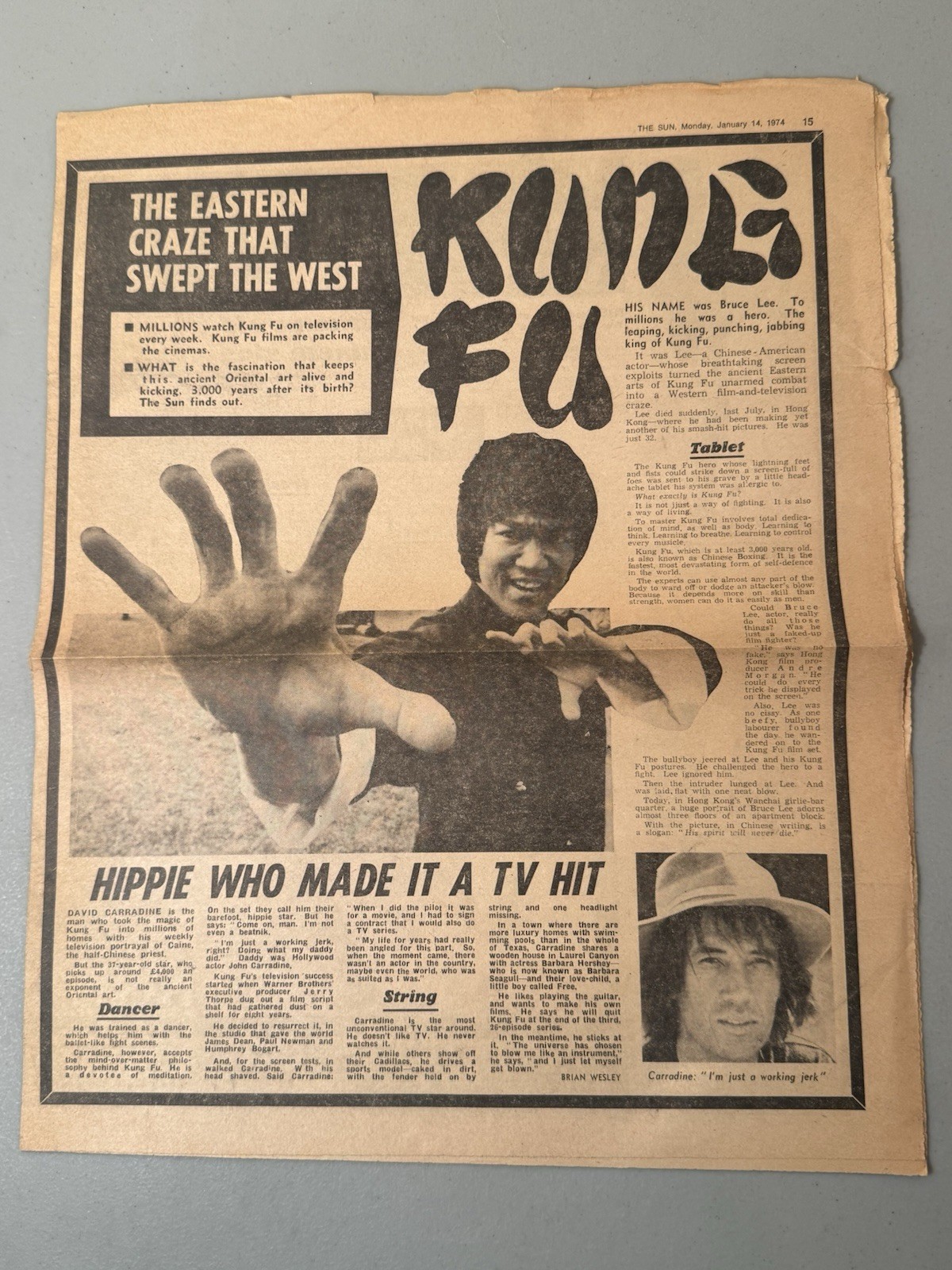 The Sun UK Newspaper ; Monday January 14, 1974 Bruce Lee, Enter The Dragon Rare
