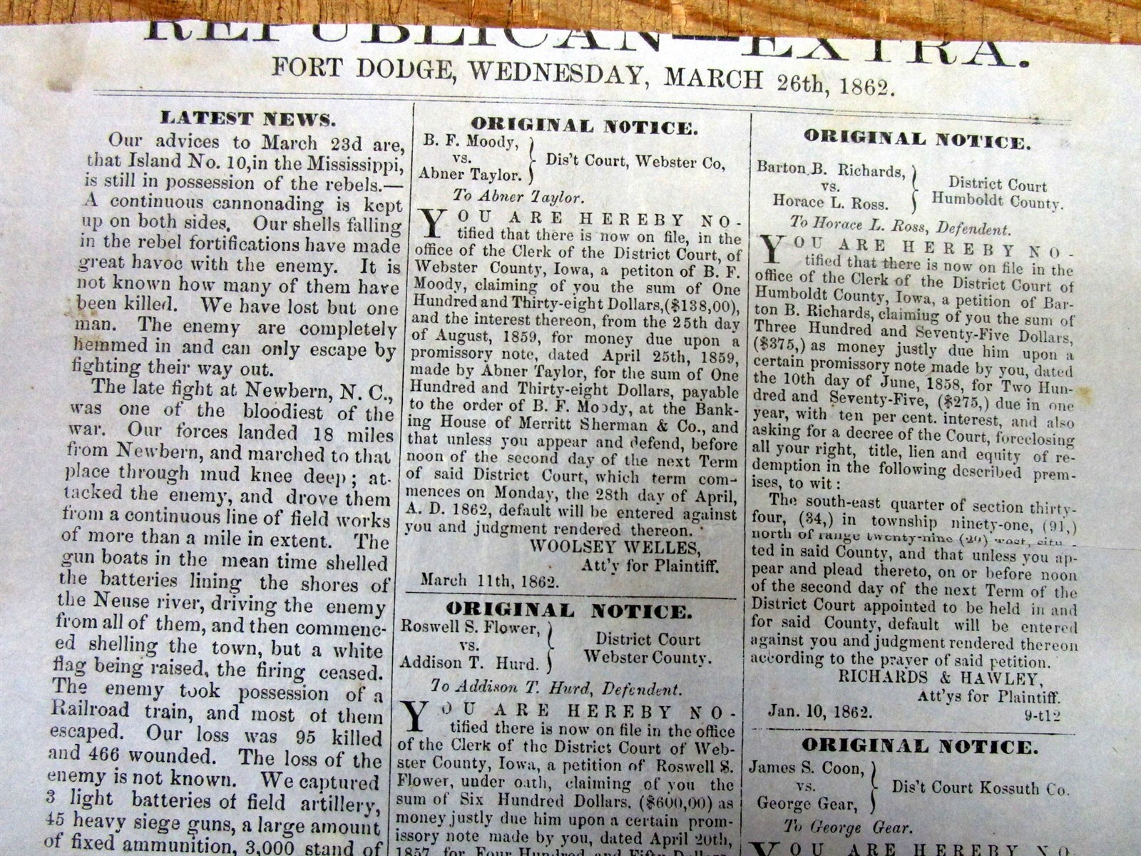 1862 FT Dodge IOWA Civil War BROADSIDE “EXTRA” newspaper- BATTLE of NEW BERNE NC