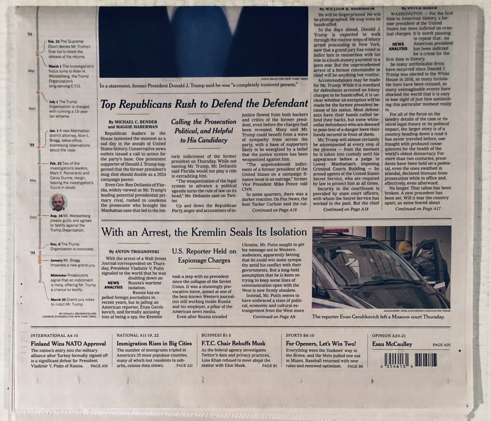 MARCH 31, 2023 NEW YORK TIMES TRUMP INDICTED, 1st EX-PRESIDENT TO FACE CHARGES