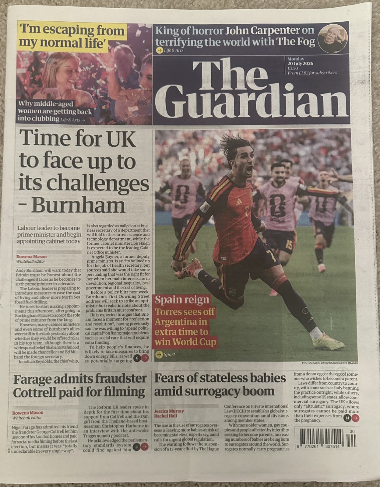 The Guardian 20th July 2026 20/7/26 Spain Beat Argentina & Win World Cup