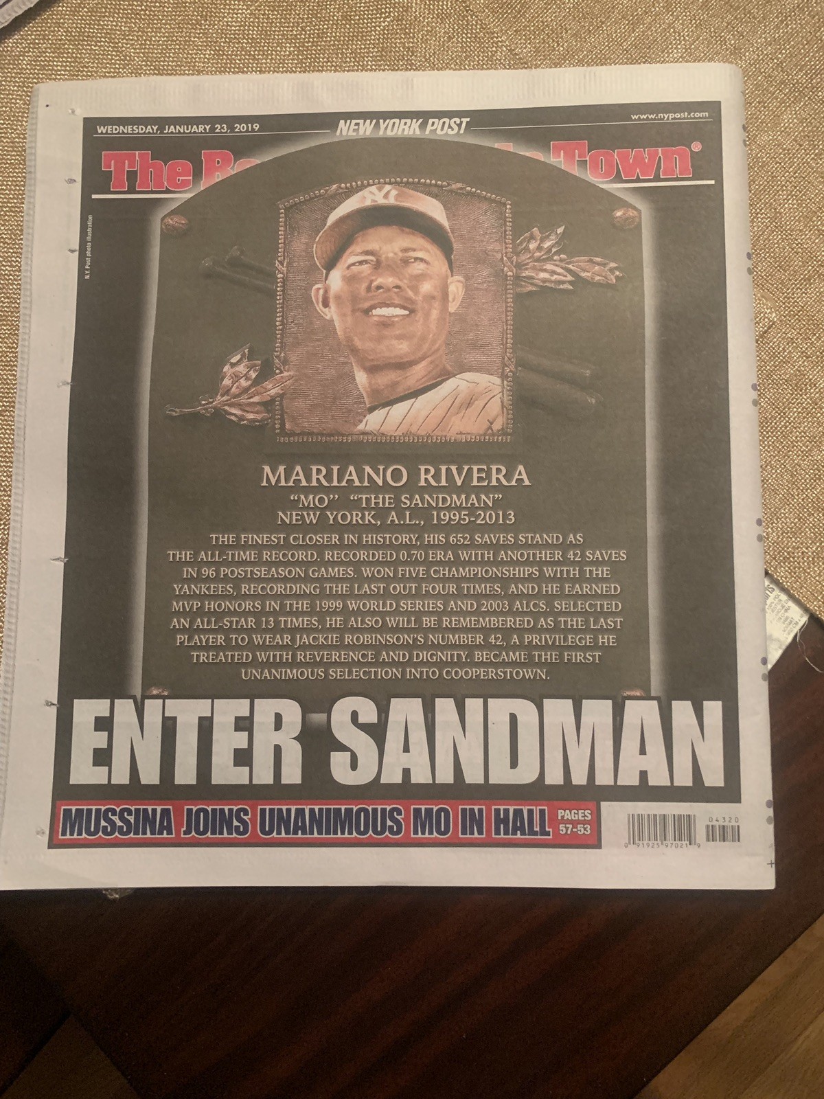 MARIANO RIVERA NY POST FULL NEWSPAPER NY YANKEES HALL OF FAME UNANIMOUS 1/23/19