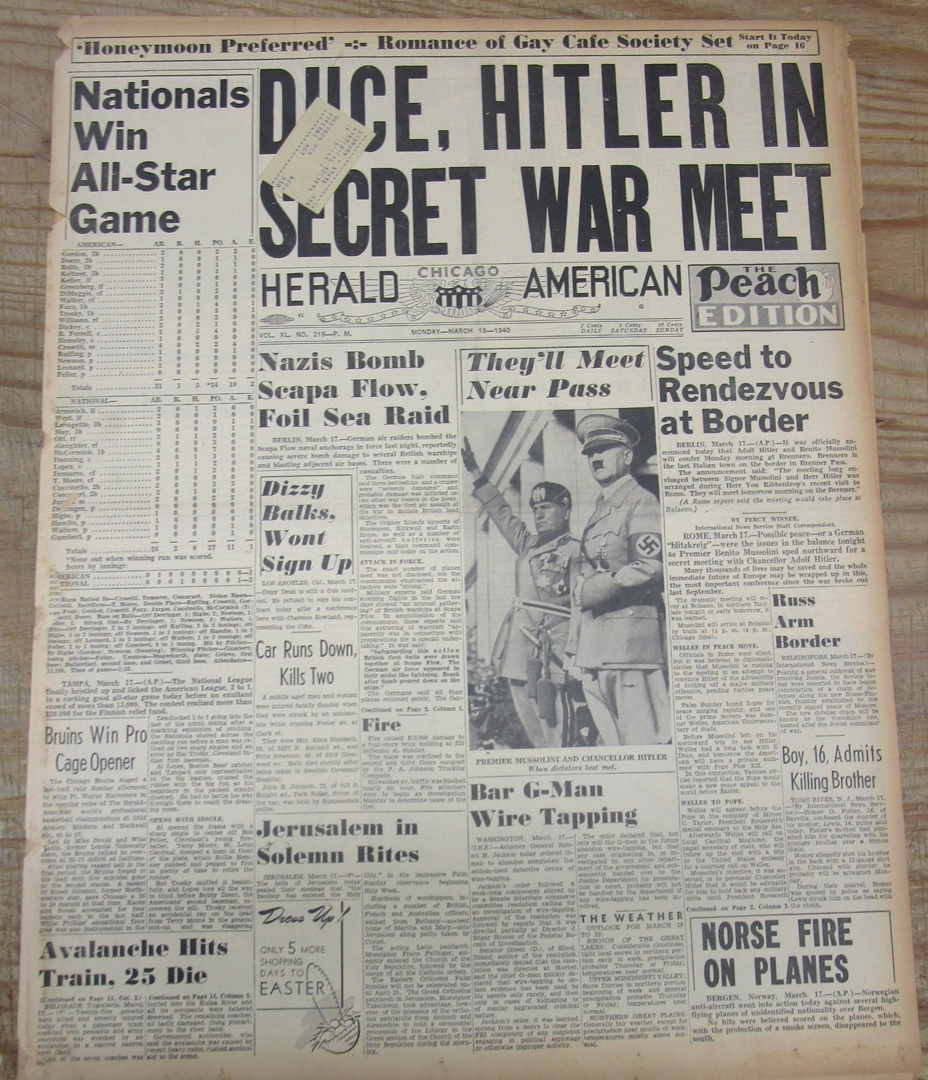 1940 newspaper Hitler & Mussolini meet to discuss ITALY ‘s ENTRY into WW II