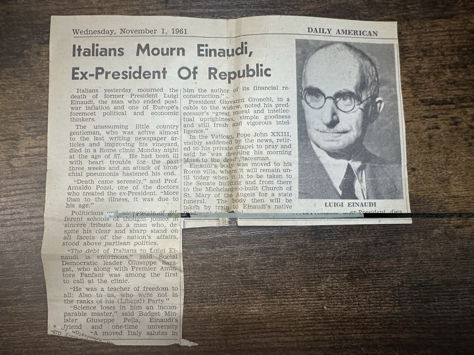 Vintage 1961 Daily American Luigi Einaudi Death Newspaper Clipping Italy