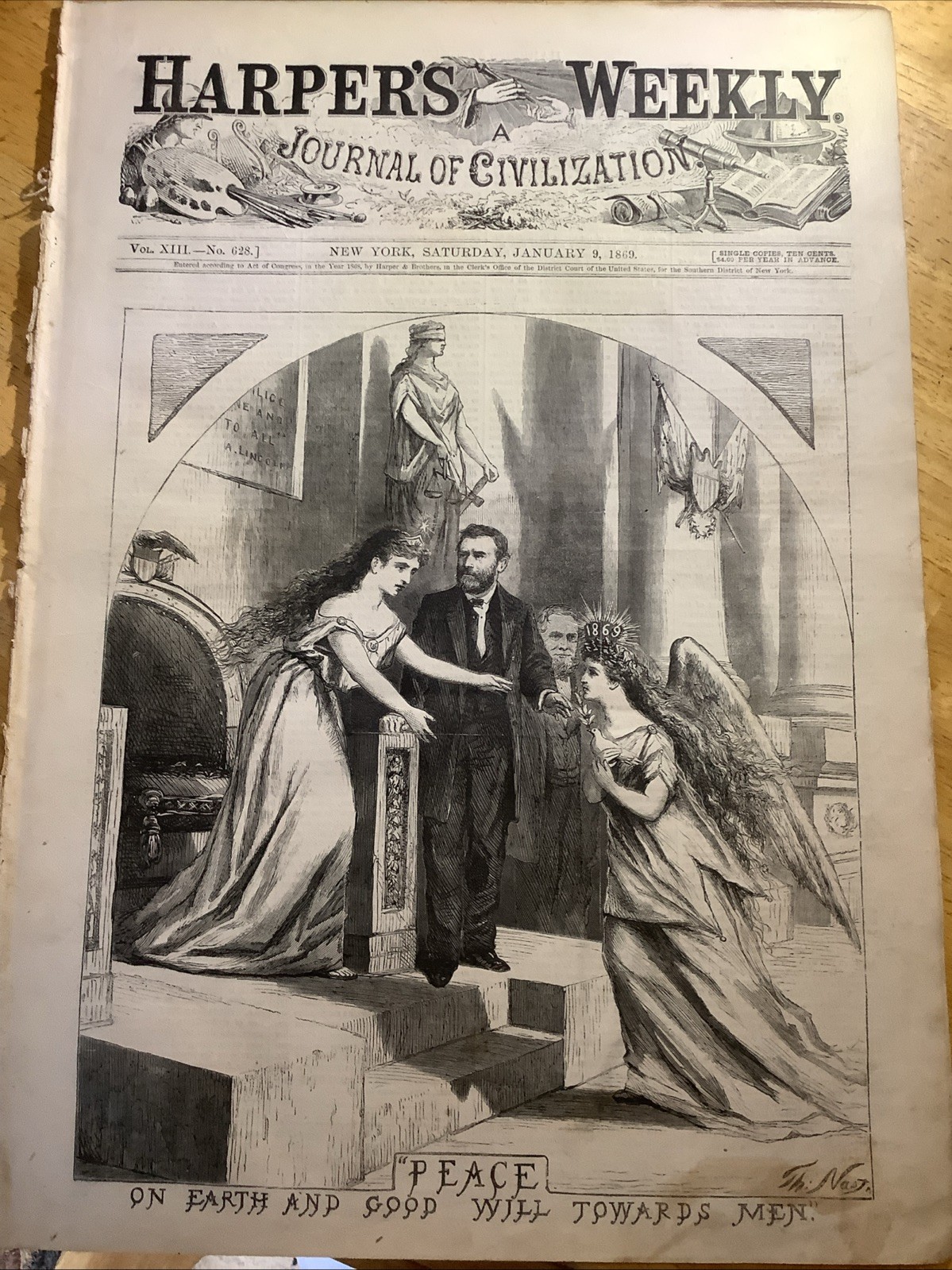 1869 HARPER’S WEEKLY NEWSPAPER ~ PRESIDENT GRANT COVER ~ WINSLOW HOMER PRINT