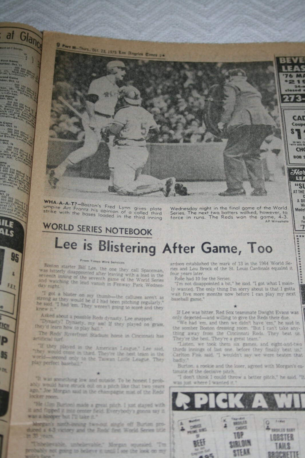 1975 Los Angeles Times * World Series Game 7 * Cincinnati Reds vs Boston Red Sox