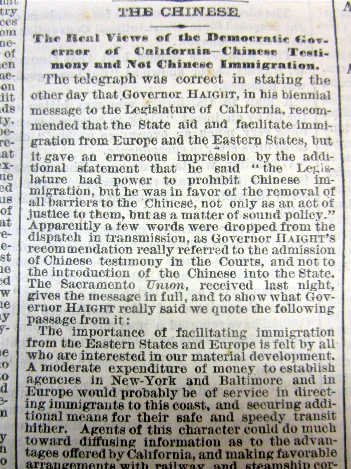 1869 NY Times newspaper wth THE ANTI-CHINESE IMMIGRATION sentiment in CALIFORNIA