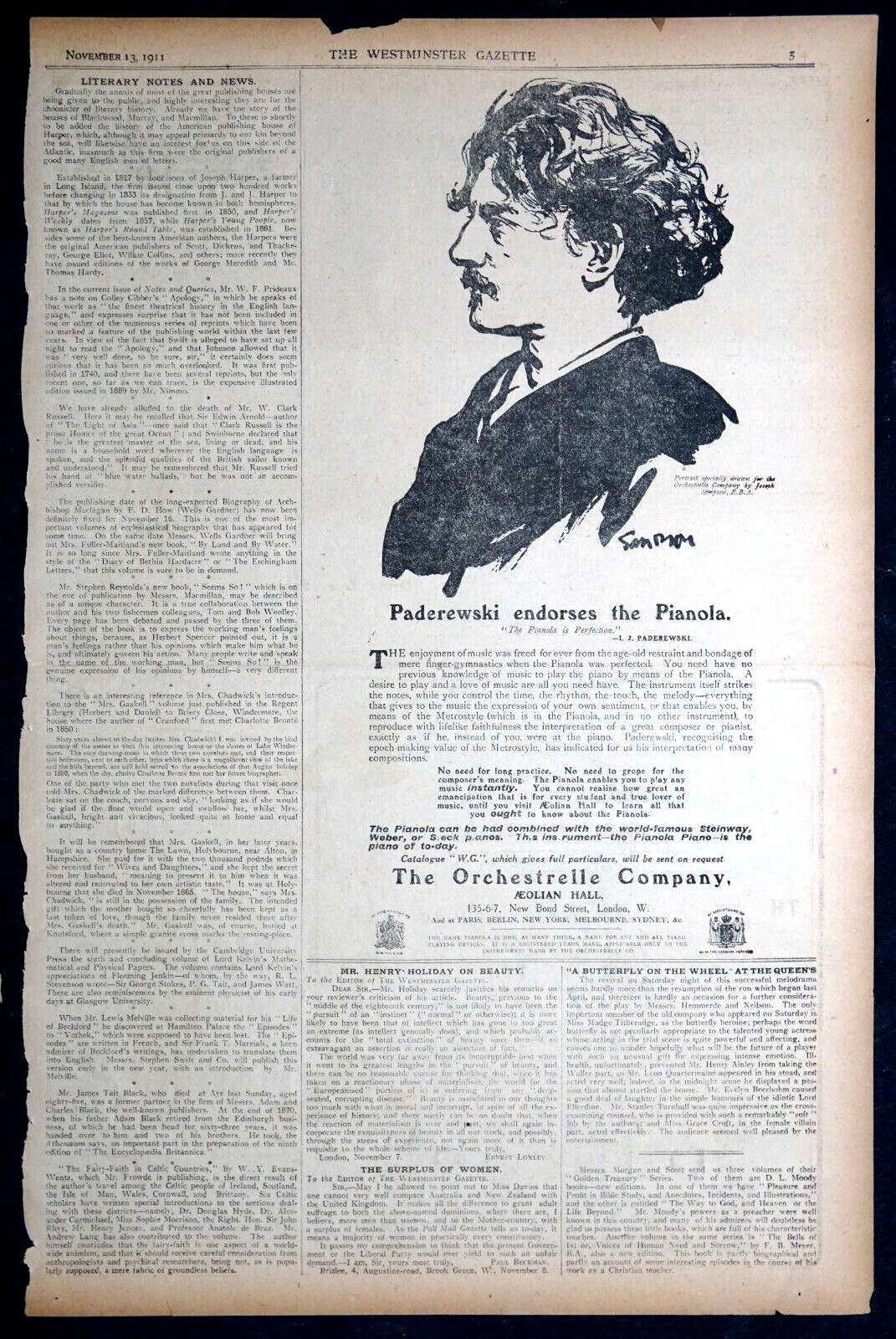 1911 United Kingdom Westminster Newspaper Ad- Paderewski Endorses The Pianola