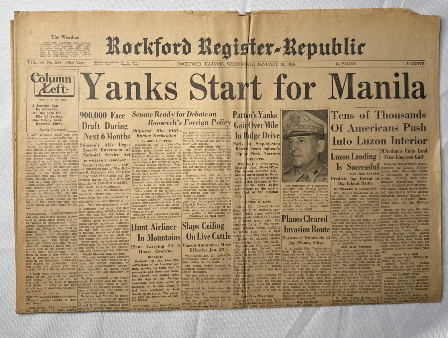 Vintage Newspaper Headline~World War 2 January 10th, 1945~Outer Page Only