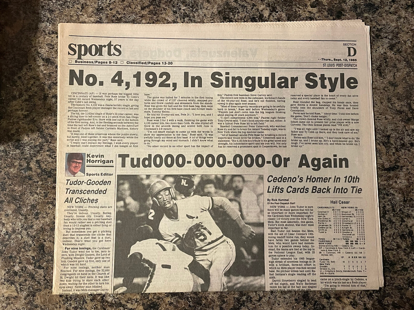 1985 Pete Rose All Time Hit Long Newspaper. Cincinnati Reds Baseball