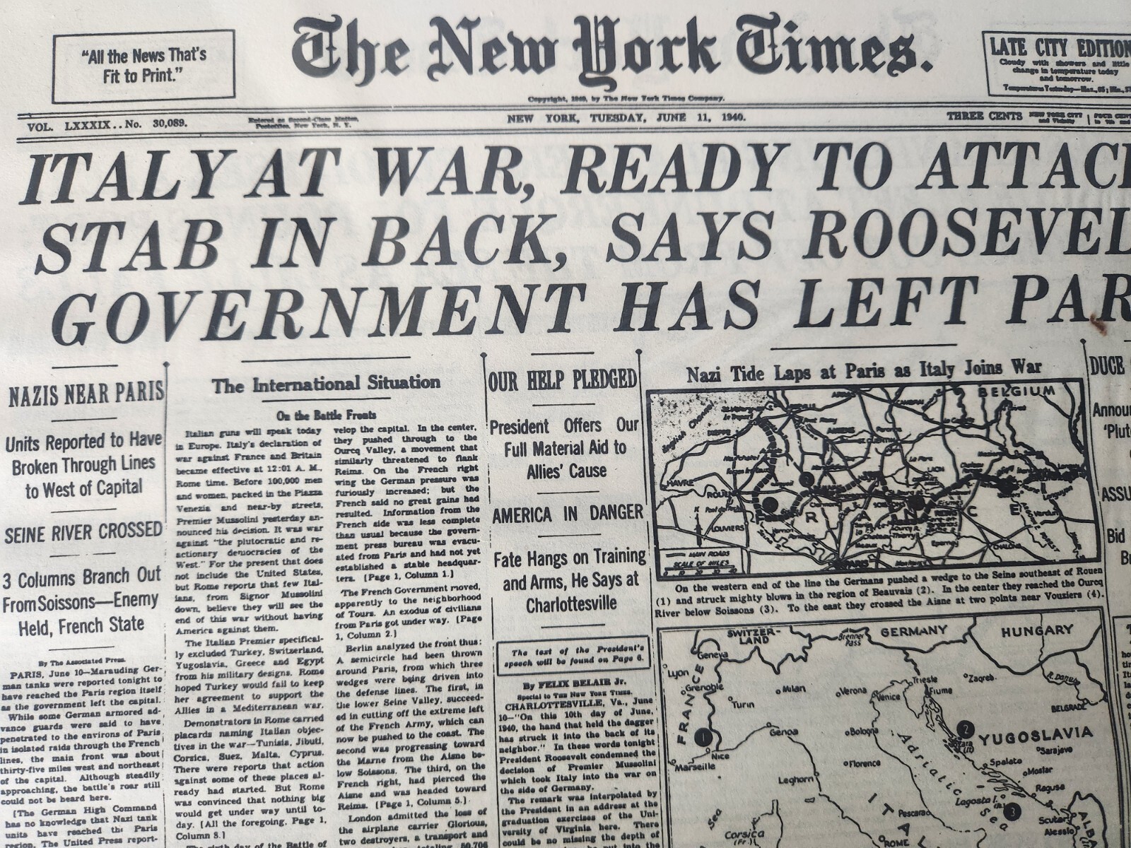 The New York Times June 11, 1940 Italy at War, Ready to Attack on Cardboard