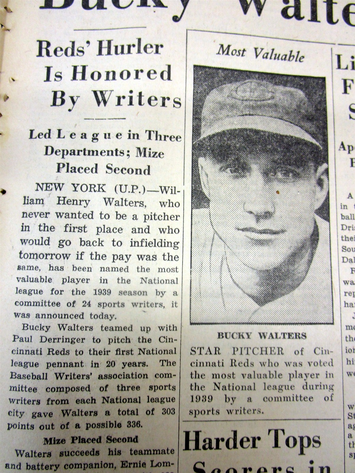 1939 newspaper Cincinnati Reds BUCKY WALTERS named NATIONAL LEAGUE baseball MVP