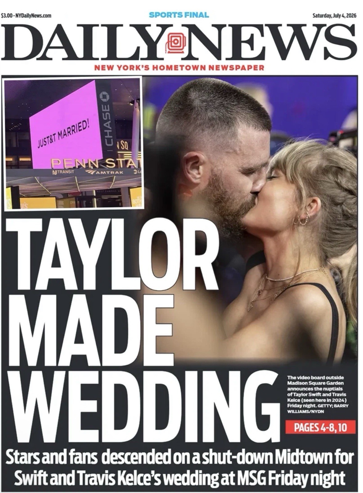 Taylor Swift Wedding Travis Kelce NY Daily News 7/4/26 NYC MSG Edition HISTORIC
