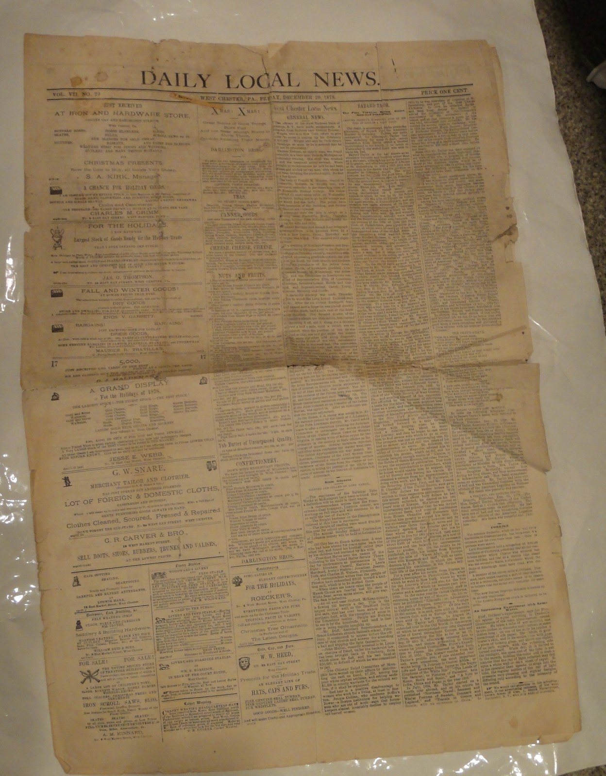 1878 DEC antique WEST CHESTER PA NEWSPAPER Bayard Taylor Death DAILY LOCAL ads
