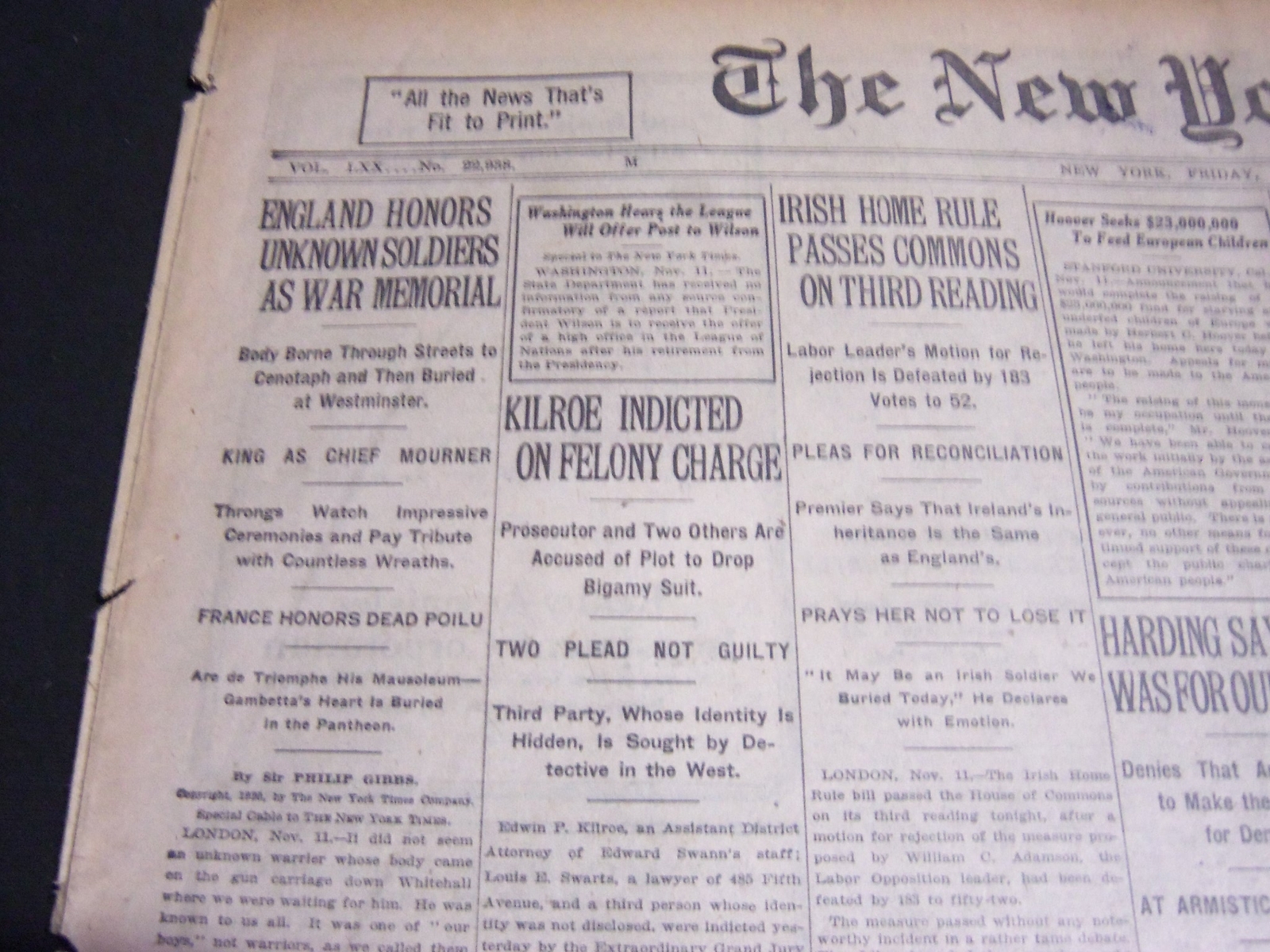 1920 NOV 12 NEW YORK TIMES – ENGLAND HONORS UNKNOWN SOLDIERS AS WAR – NT 6730