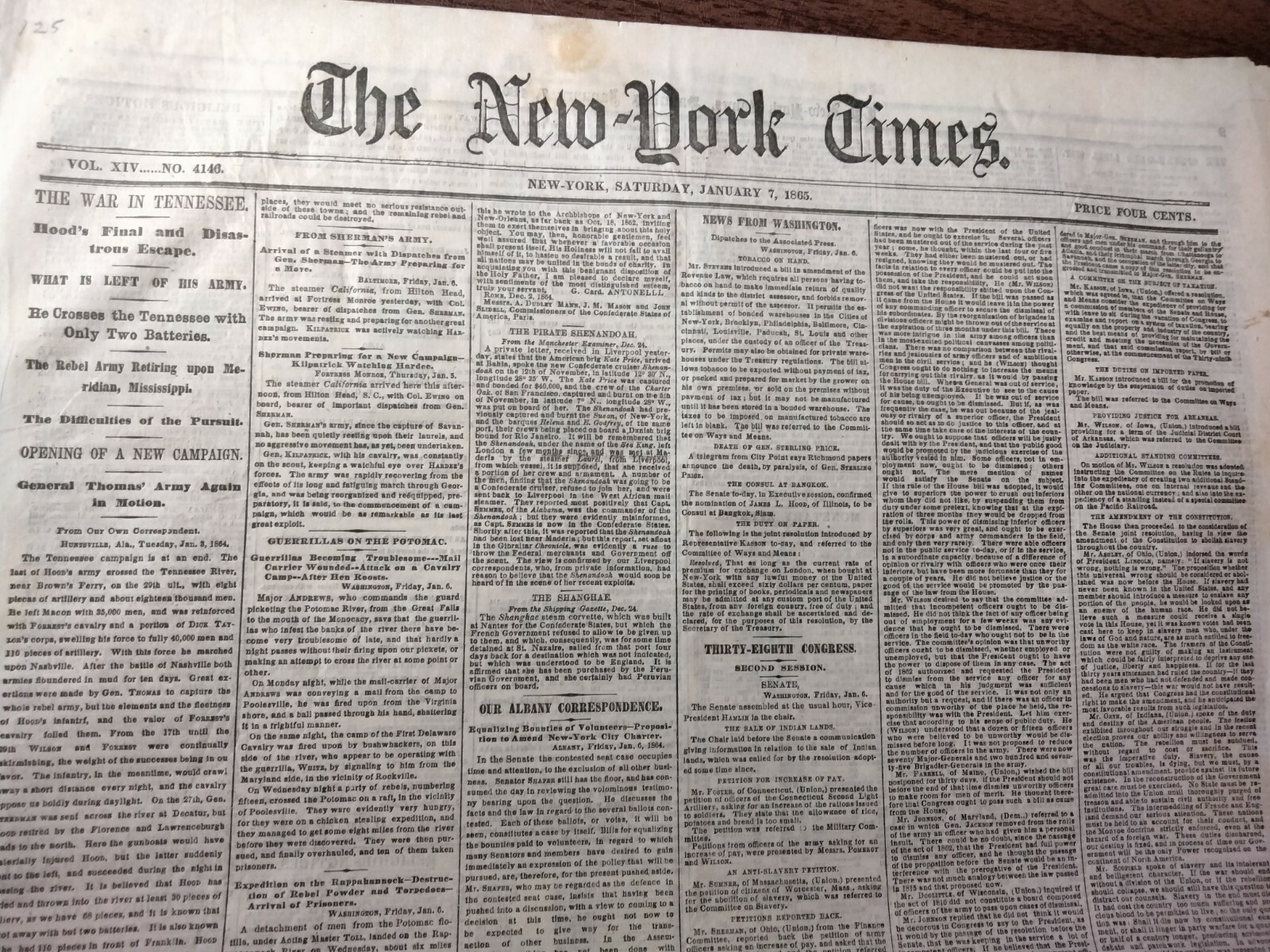 Civil War Newspapers-TENNESSEE-HOOD’S FINAL AND DISASTROUS ESCAPE,GEN PRICE DEAD