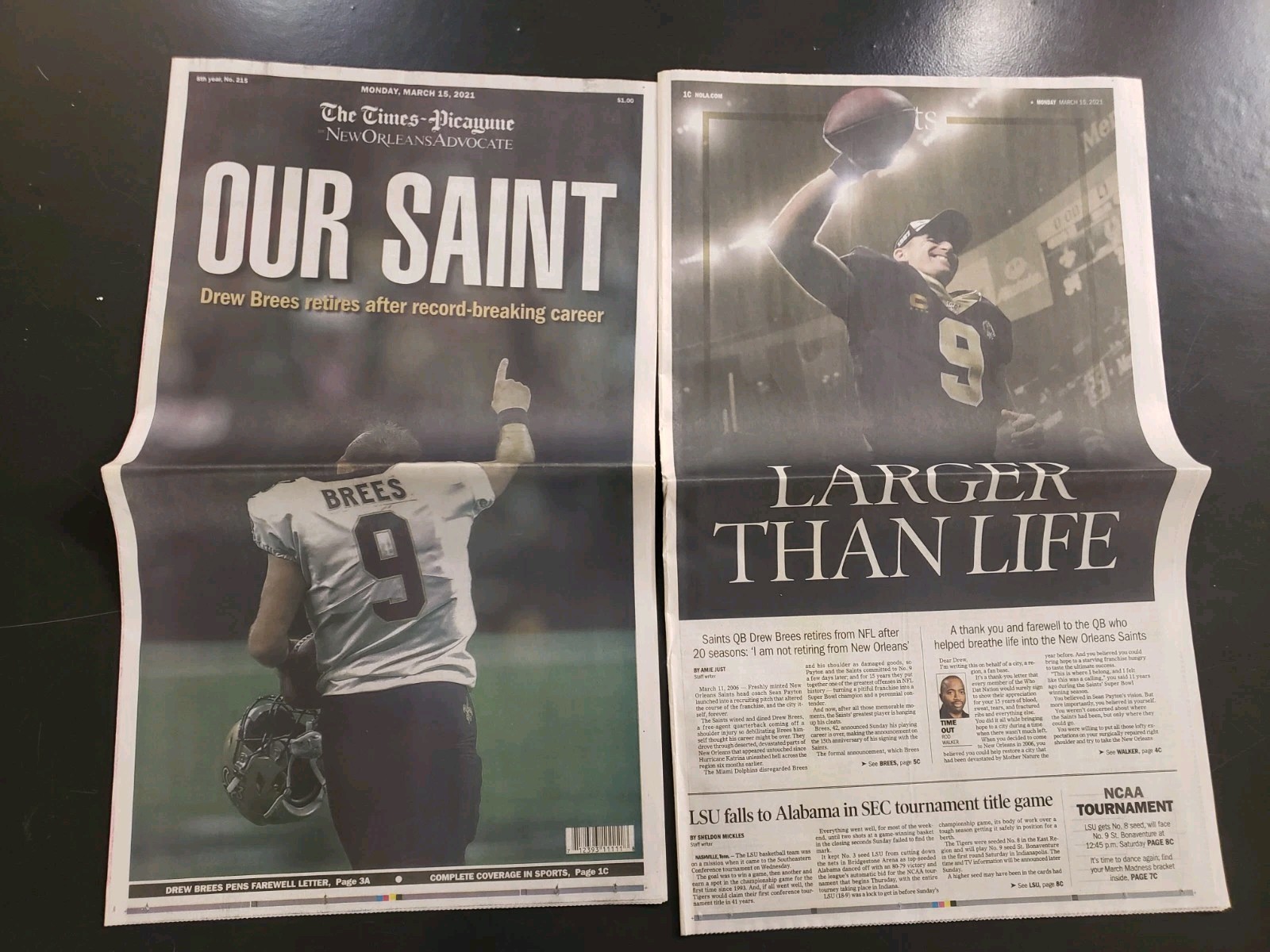 DREW BREES Retires New Orleans Saints Times Picayune Advocate Newspaper 2021