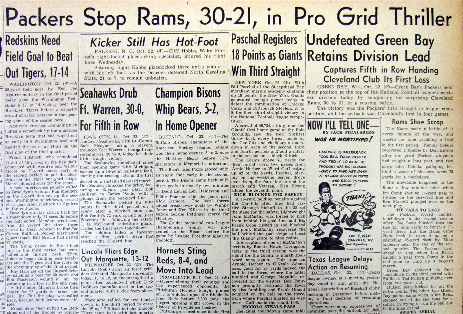 1944 newspaper GREEN BAY PACKERS WIN on way to NFL football championship season